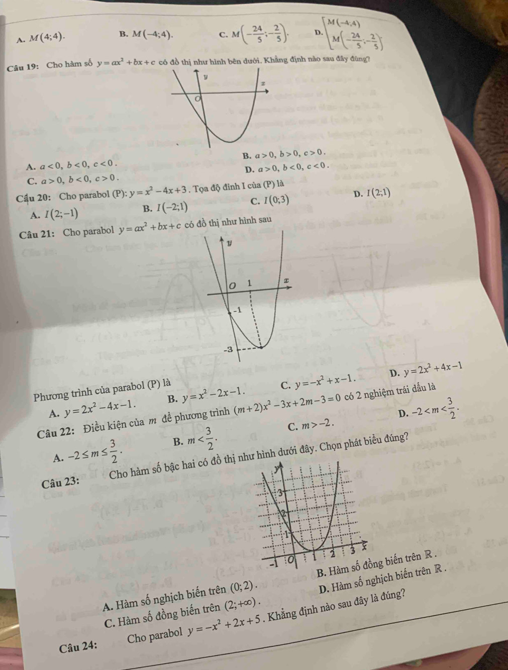 A. M(4;4). B. M(-4;4). C. M(- 24/5 ;- 2/5 ). r  M(-4,4) M(- 24/5 ,- 2/5 )endarray.
Câu 19: Cho hàm số y=ax^2+bx+c có đồ thị như hình bên dưới. Khẳng định nào sau đây đúng?
B. a>0,b>0,c>0.
A. a<0,b<0,c<0. a>0,b<0,c<0.
D.
C. a>0,b<0,c>0.
Cầu 20: Cho parabol (P):y=x^2-4x+3. Tọa độ đỉnh I của (P) là
C. I(0;3)
D. I(2;1)
A. I(2;-1)
B. I(-2;1)
Câu 21: Cho parabol y=ax^2+bx+c có đồ thị như hình sau
D. y=2x^2+4x-1
Phương trình của parabol (P) là
C.
A. y=2x^2-4x-1. B. y=x^2-2x-1. y=-x^2+x-1.
D. -2
Câu 22: Điều kiện của m đề phương trình (m+2)x^2-3x+2m-3=0 có 2 nghiệm trái dấu là
A. -2≤ m≤  3/2 . B. m
C. m>-2.
Câu 23: Cho hàm số bậc hai có đồ thị nhình dưới đây. Chọn phát biểu đúng?
D. Hàm số nghịch biến trên R .
A. Hàm số nghịch biến trên (0;2). ng biến trên R .
C. Hàm số đồng biến trên (2;+∈fty ).
Câu 24: Cho parabol y=-x^2+2x+5. Khẳng định nào sau đây là đúng?