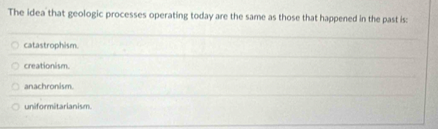 The idea that geologic processes operating today are the same as those that happened in the past is:
catastrophism.
creationism.
anachronism.
uniformitarianism.