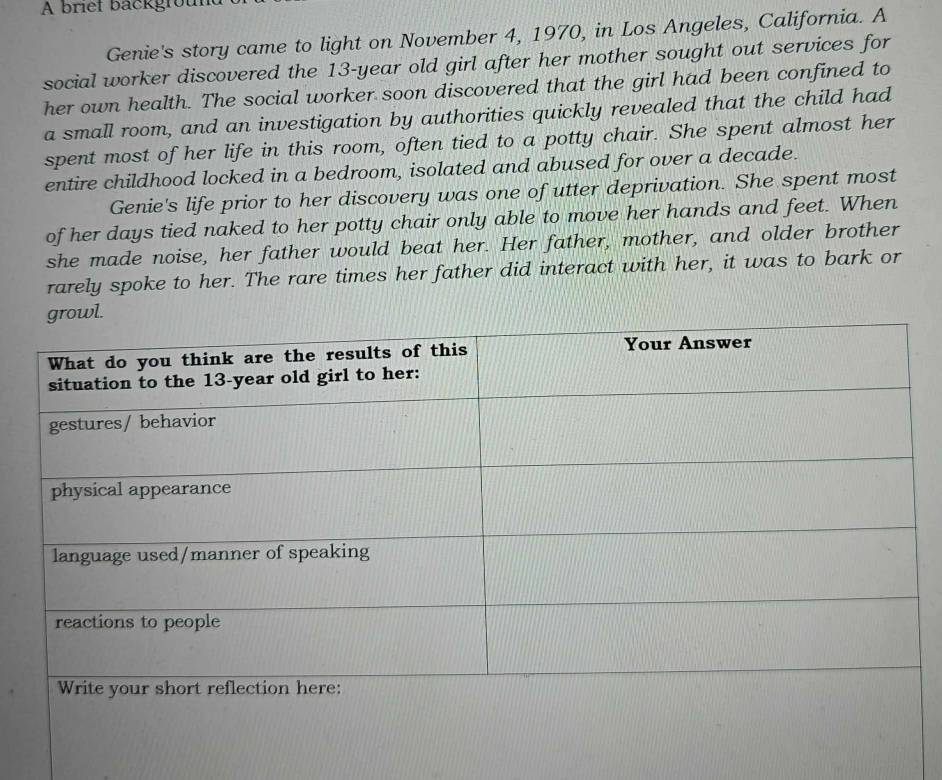 A briel backgroun 
Genie's story came to light on November 4, 1970, in Los Angeles, California. A 
social worker discovered the 13-year old girl after her mother sought out services for 
her own health. The social worker soon discovered that the girl had been confined to 
a small room, and an investigation by authorities quickly revealed that the child had 
spent most of her life in this room, often tied to a potty chair. She spent almost her 
entire childhood locked in a bedroom, isolated and abused for over a decade. 
Genie's life prior to her discovery was one of utter deprivation. She spent most 
of her days tied naked to her potty chair only able to move her hands and feet. When 
she made noise, her father would beat her. Her father, mother, and older brother 
rarely spoke to her. The rare times her father did interact with her, it was to bark or