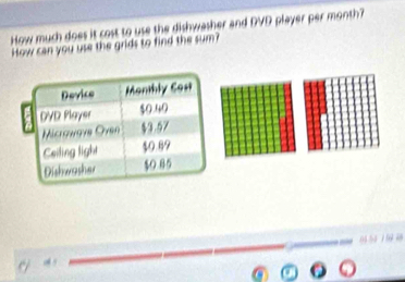 How much does it cost to use the dishwasher and DVD player per month? 
How can you use the grids to find the sum?