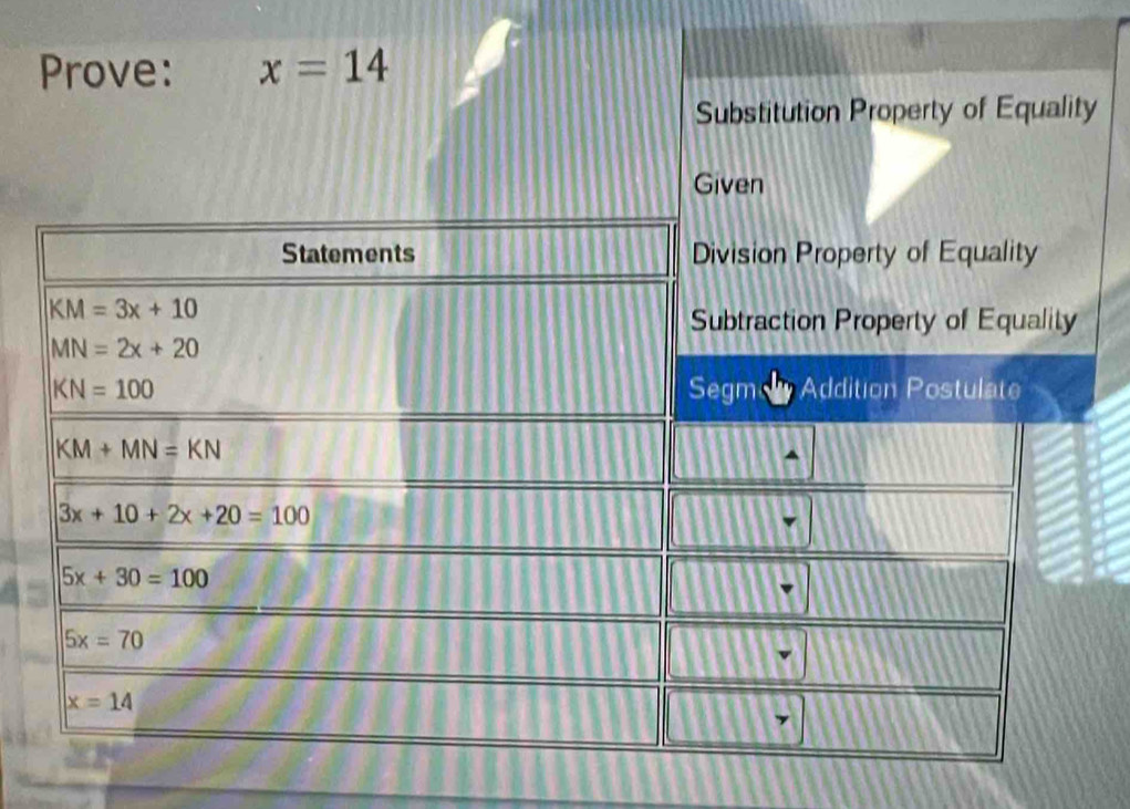 Prove: x=14
Substitution Property of Equality