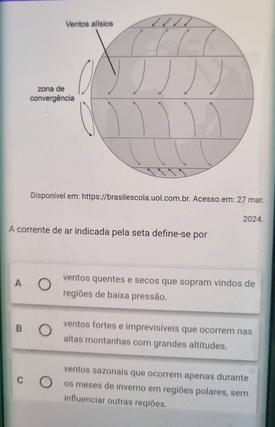 Disponível em: https://brasilescola.uol.com.br. Acesso em: 27 mar.
2024.
A corrente de ar indicada pela seta define-se por
A
ventos quentes e secos que sopram vindos de
regiões de baixa pressão.
B
ventos fortes e imprevisíveis que ocorrem nas
altas montanhas com grandes altitudes.
ventos sazonais que ocorrem apenas durante
C
os meses de inverno em regiões polares, sem
influenciar outras regiões.