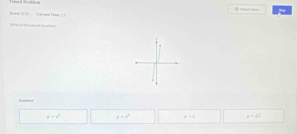 Timed Problem Stop
Wártich Visteo
Score: 0/10 Current Time: 1.5
What is the parent function?
Answer
y=x^2
y=x^3
y=x
y=sqrt[3](x)