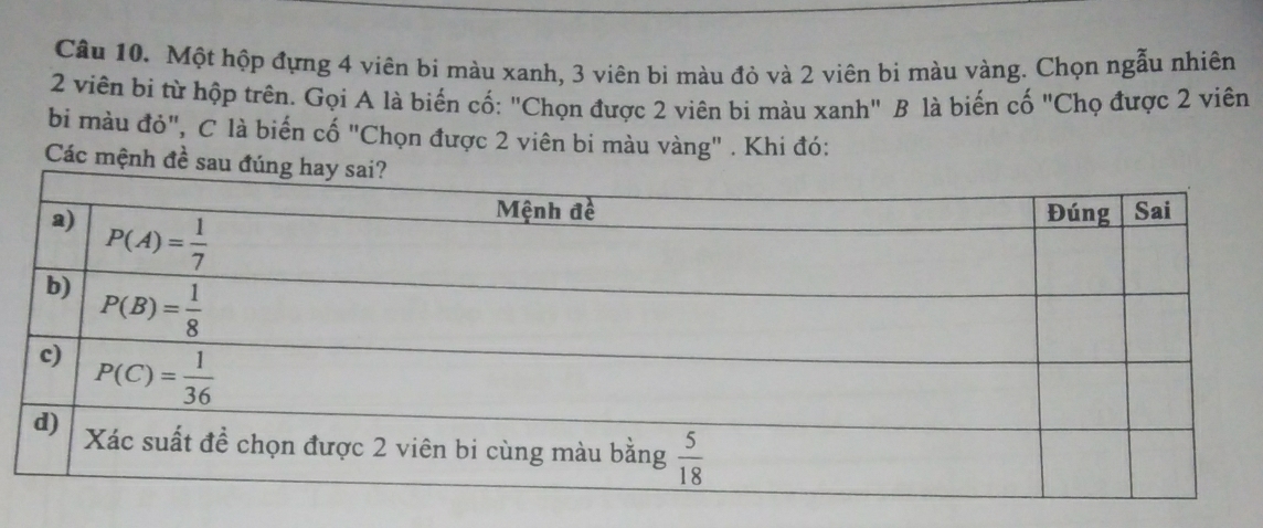 Một hộp đựng 4 viên bi màu xanh, 3 viên bi màu đỏ và 2 viên bi màu vàng. Chọn ngẫu nhiên
2 viên bị từ hộp trên. Gọi A là biến cố: "Chọn được 2 viên bi màu xanh" B là biến cố "Chọ được 2 viên
bi màu đỏ", C là biến cố "Chọn được 2 viên bi màu vàng" . Khi đó:
Các mệnh đề sau đú