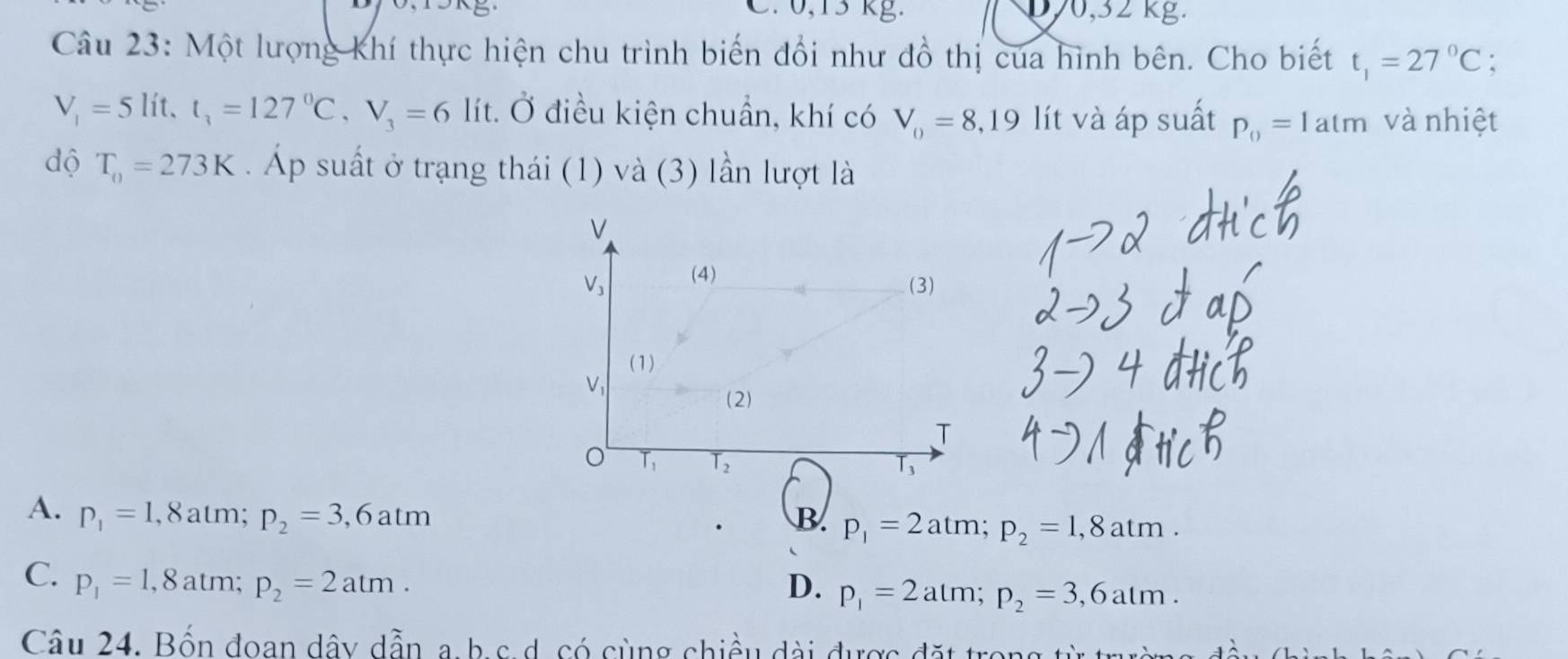 0,15 kg. 070,32 kg.
Câu 23: Một lượng khí thực hiện chu trình biến đổi như đồ thị của hình bên. Cho biết t_1=27°C;
V_1=5lit,t_3=127°C,V_3=6 lít. Ở điều kiện chuẩn, khí có V_0=8,19 lít và áp suất p_0=1atm và nhiệt
độ T_0=273K. Áp suất ở trạng thái (1) và (3) lần lượt là
A. P_1=1. .8 atm; p_2=3,6atm B. p_1=2atm;p_2=1,8atm.
C. P_1=1,8atm;p_2=2atm.
D. p_1=2atm;p_2=3,6atm.
Câu 24. Bốn đoan dây dẫn a. b.c. d. có cùng chiều dài được đặt trong từ