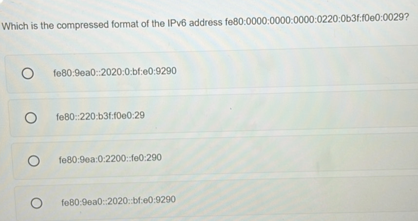 Solved: Which is the compressed format of the IPv6 address fe 80:0000 ...
