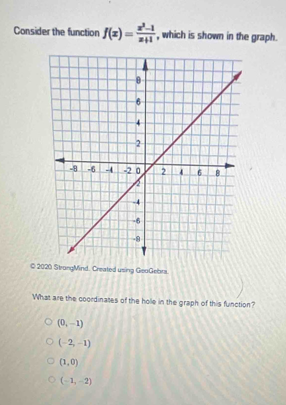 Consider the function f(x)= (x^2-1)/x+1  , which is shown in the graph.
©2020 StrongMind. Created using GeoGebra.
What are the coordinates of the hole in the graph of this function?
(0,-1)
(-2,-1)
(1,0)
(-1,-2)