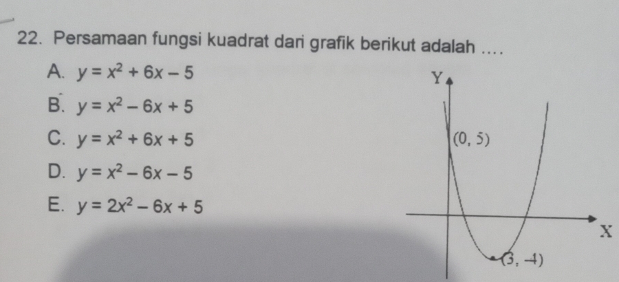 Persamaan fungsi kuadrat dari grafik berikut adalah ....
A. y=x^2+6x-5
B. y=x^2-6x+5
C. y=x^2+6x+5
D. y=x^2-6x-5
E. y=2x^2-6x+5
X