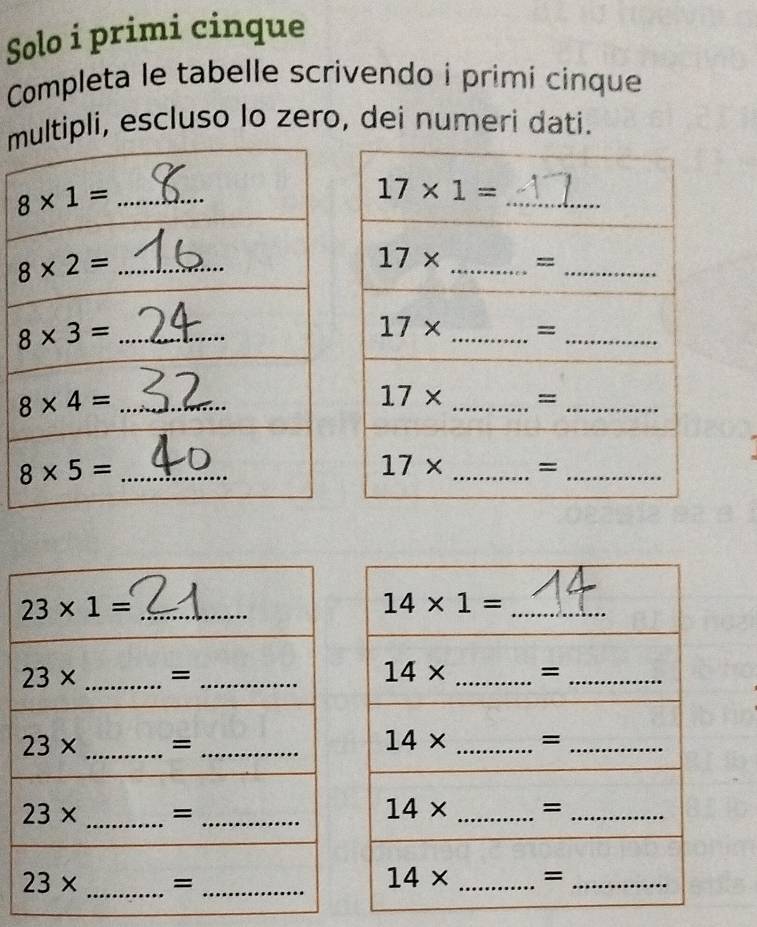 Solo i primi cinque
Completa le tabelle scrivendo i primi cinque
multipli, escluso lo zero, dei numeri dati.
_
_
_
_
_
_ 23* 1=
23* _=_
23* _=_
23* _ =_
23* _ =_