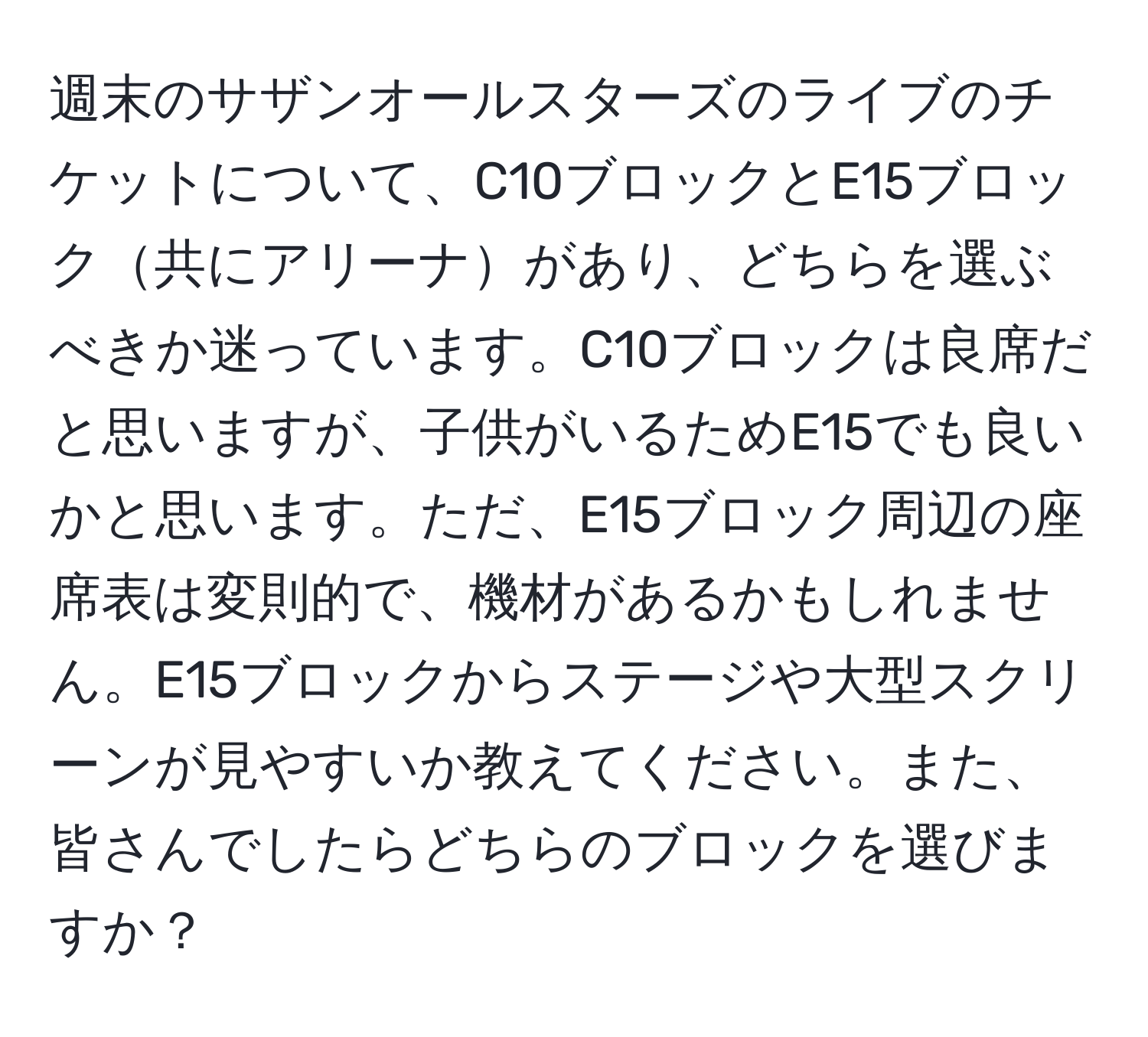 週末のサザンオールスターズのライブのチケットについて、C10ブロックとE15ブロック共にアリーナがあり、どちらを選ぶべきか迷っています。C10ブロックは良席だと思いますが、子供がいるためE15でも良いかと思います。ただ、E15ブロック周辺の座席表は変則的で、機材があるかもしれません。E15ブロックからステージや大型スクリーンが見やすいか教えてください。また、皆さんでしたらどちらのブロックを選びますか？