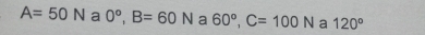 A=50N 0°, B=60N a 60°, C=100N a 120°