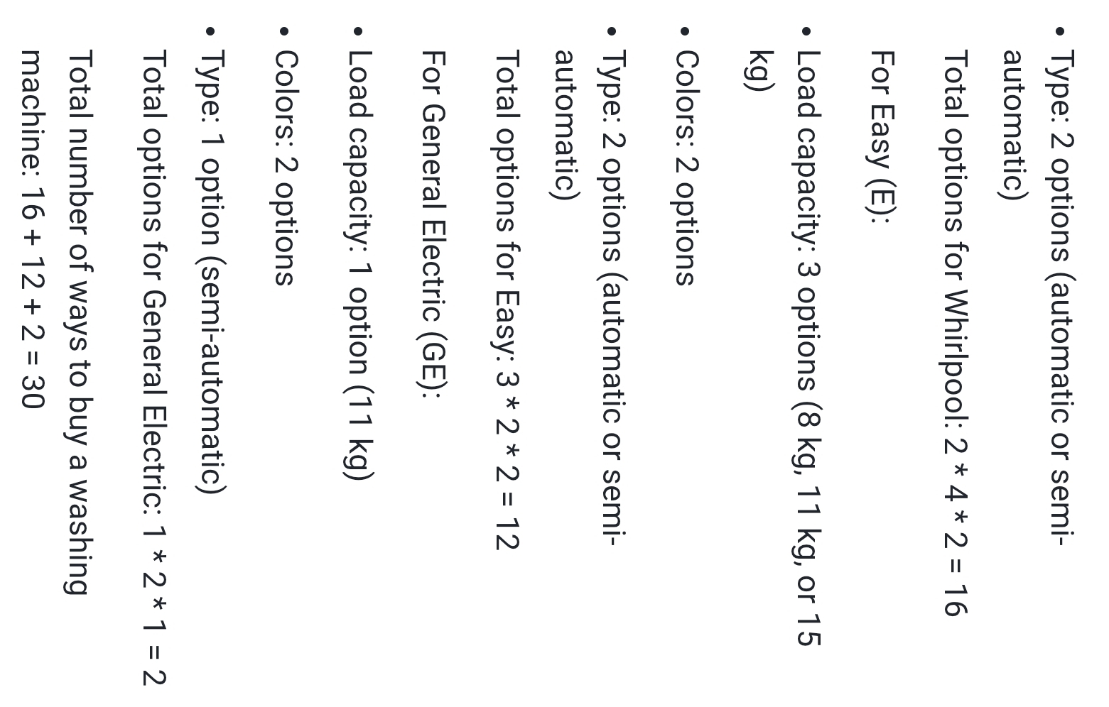 Type: 2 options (automatic or semi- 
automatic) 
Total options for Whirlpool: 2*4*2=16
For Easy (E): 
Load capacity: 3 options (8 kg, 11 kg, or 15
kg) 
Colors: 2 options 
Type: 2 options (automatic or semi- 
automatic) 
Total options for Easy: 3*2*2=12
For General Electric (GE): 
Load capacity: 1 option (11 kg) 
Colors: 2 options 
Type: 1 option (semi-automatic) 
Total options for General Electric: 1*2*1=2
Total number of ways to buy a washing 
machine: 16+12+2=30