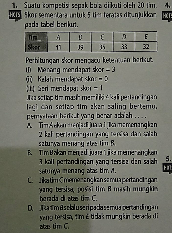 Suatu kompetisi sepak bola diikuti oleh 20 tim. 4.
Skor sementara untuk 5 tim teratas ditunjukkan HOTS
pada tabel berikut.
Perhitungan skor mengacu ketentuan berikut.
(i) Menang mendapat skor =3
(ii) Kalah mendapat skor =0
(iii) Seri mendapat skor =1
Jika setiap tim masih memiliki 4 kali pertandingan
lagi dan setiap tim akan saling bertemu,
pernyataan berikut yang benar adalah . . . .
A. Tim A akan menjadi juara 1 jika memenangkan
2 kali pertandingan yang tersisa dan salah
satunya menang atas tim B.
B. Tim B akan menjadi juara 1 jika memenangkan
3 kali pertandingan yang tersisa dan salah 5.
satunya menang atas tim A.
HOT
C. Jika tim Cmemenangkan semua pertandingan
yang tersisa, posisi tim B masih mungkin
berada di atas tim C.
D. Jika tim B selalu seri pada semua pertandingan
yang tersisa, tim E tidak mungkin berada di
atas tim C.