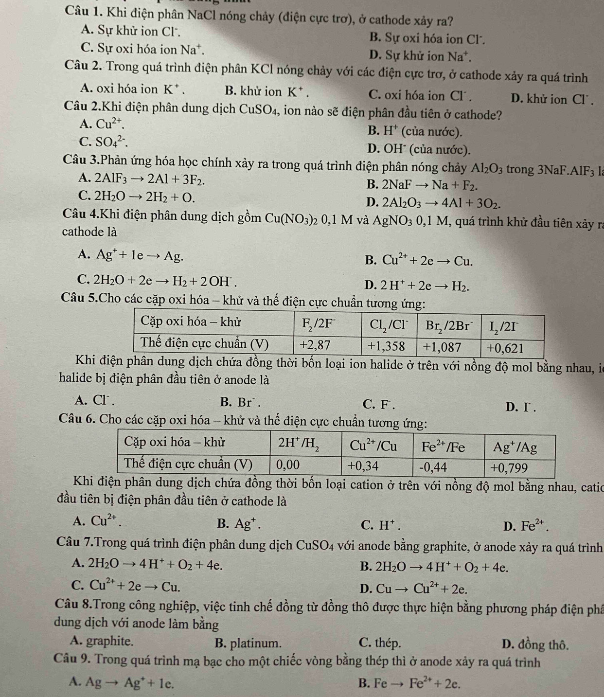 Khi điện phân NaCl nóng chảy (điện cực trơ), ở cathode xảy ra?
A. Sự khử ion Cl. B. Sự oxi hóa ion Cl.
C. Sự oxi hóa ion Na^+. D. Sự khử ion Na*.
Câu 2. Trong quá trình điện phân KCl nóng chảy với các điện cực trơ, ở cathode xảy ra quá trình
A. oxi hóa ion K* . B. khử ion K^+. C. oxi hóa ion Cl . D. khử ion Cl .
Câu 2.Khi điện phân dung dịch CuSO_4 1, ion nào sẽ điện phân đầu tiên ở cathode?
A. Cu^(2+). (của nước).
B. H^+
C. SO_4^((2-). D. OH* (của nước).
Câu 3.Phản ứng hóa học chính xảy ra trong quá trình điện phân nóng chảy Al_2)O_3 trong 3NaF.AlF_3 1
A. 2AlF_3to 2Al+3F_2. B. 2NaFto Na+F_2.
C. 2H_2Oto 2H_2+O.
D. 2Al_2O_3to 4Al+3O_2.
Câu 4.Khi điện phân dung dịch gồm Cu(NO_3)_2 2 0.1M l và AgNO_30,1M , quá trình khử đầu tiên xảy ra
cathode là
A. Ag^++1eto Ag.
B. Cu^(2+)+2eto Cu.
C. 2H_2O+2eto H_2+2OH^-.
D. 2H^++2eto H_2.
Câu 5.Cho các cặp oxi hóa - khử và thế điện cực chuẩn tương ứng:
Khihứa đồng thời bốn loại ion halide ở trên với nồng độ mol bằng nhau, ia
halide bị điện phân đầu tiên ở anode là
A. Cl . B. Br  . C. F . D. I .
Câu 6. Cho các cặp oxi hóa - khử và thế điện cực chuẩn tương ứng:
ện phân dung dịch chứa đồng thời bốn loại cation ở trên với nồng độ mol bằng nhau, catic
đầu tiên bị điện phân đầu tiên ở cathode là
A. Cu^(2+). B. Ag^+. C. H^+. D. Fe^(2+).
Câu 7.Trong quá trình điện phân dung dịch CuSO_4 với anode bằng graphite, ở anode xảy ra quá trình
A. 2H_2Oto 4H^++O_2+4e. B. 2H_2Oto 4H^++O_2+4e.
C. Cu^(2+)+2eto Cu. D. Cuto Cu^(2+)+2e.
Câu 8.Trong công nghiệp, việc tinh chế đồng từ đồng thô được thực hiện bằng phương pháp điện phâ
dung dịch với anode làm bằng
A. graphite. B. platinum. C. thép. D. đồng thô.
Câu 9. Trong quá trình mạ bạc cho một chiếc vòng bằng thép thì ở anode xảy ra quá trình
A. Agto Ag^++1e. B. Fe- Fe^(2+)+2e.