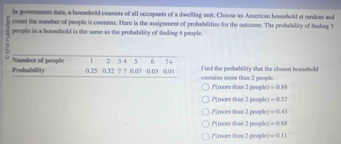 la government data, a household consists of all occupants of a dwelling unit. Choose an American household at random and
count the number of people it contains. Here is the assignment of probabilities for the outcome. The probability of finding 3
people in a household is the same as the probability of finding 4 people.
Number of people 1 2 3 4 5 6 7 +
Probability 0.25 0.32 ? ? 0.07 0.03 0.01 Find the probability that the chosen household
contains more than 2 people.
P(more than 2 people) =0.89
P(more than 2 people) =0.57
P(more than 2 people) =0.43
P(more than 2 people) =0.68
P(more than 2 people) =0.11