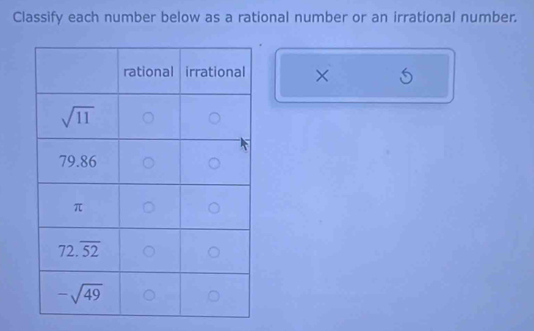 Classify each number below as a rational number or an irrational number.
× S