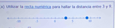 Utilizar la recta numérica para hallar la distancia entre 3 y 9.