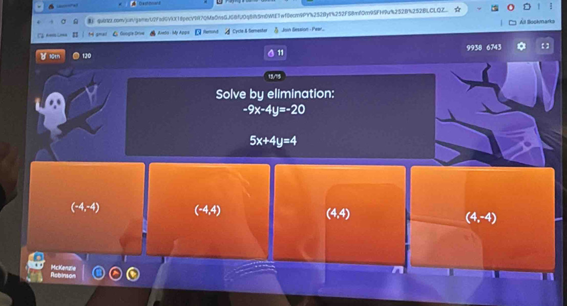 Dashboard
M quit.com/jon/game/U2FedGVkX18pecV9R7QMaOnsGJGBfUOqBIhSm0WIE1wf0ecm9PY%252By1%252FS8mfOm9SFH9u%252B%252BLCLQZ
All Bookmarks
t gmal △ Google Drive Ainso - My Apps Remind Cycle & Sernester § Join Session - Pear.
y 10th 120 9938 6743
11
13/15
Solve by elimination:
-9x-4y=-20
5x+4y=4
(-4,-4)
(-4,4)
(4,4)
(4,-4)
McKenzie
Robins