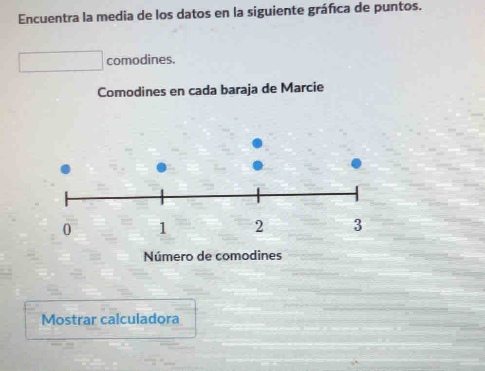 Encuentra la media de los datos en la siguiente gráfica de puntos. 
comodines. 
Comodines en cada baraja de Marcie 
Número de comodines 
Mostrar calculadora