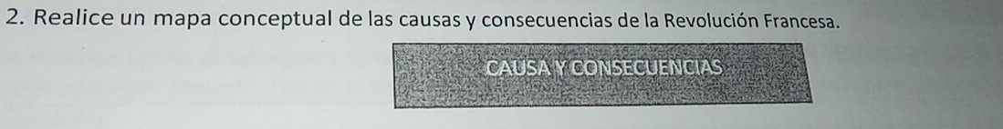 Realice un mapa conceptual de las causas y consecuencias de la Revolución Francesa. 
CAUSA Y CONSECUENCIAS