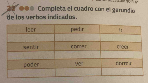 ALUMNO P. 61 
22 Completa el cuadro con el gerundio 
de los verbos indicados.