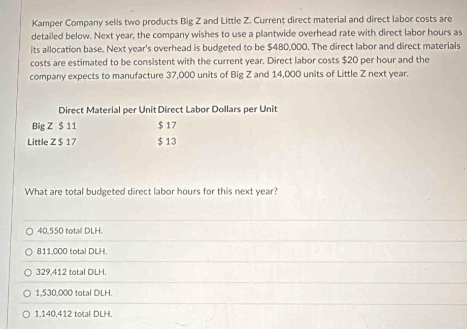 Kamper Company sells two products Big Z and Little Z. Current direct material and direct labor costs are
detailed below. Next year, the company wishes to use a plantwide overhead rate with direct labor hours as
its allocation base. Next year's overhead is budgeted to be $480,000. The direct labor and direct materials
costs are estimated to be consistent with the current year. Direct labor costs $20 per hour and the
company expects to manufacture 37,000 units of Big Z and 14,000 units of Little Z next year.
Direct Material per Unit Direct Labor Dollars per Unit
Big Z $ 11 $ 17
Little Z $ 17 $ 13
What are total budgeted direct labor hours for this next year?
40,550 total DLH.
811,000 total DLH.
329,412 total DLH.
1,530,000 total DLH.
1,140,412 total DLH.