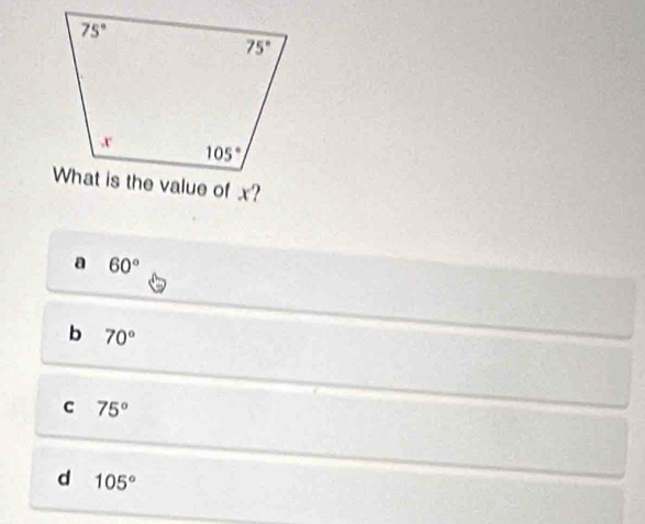 a 60°
b 70°
c 75°
d 105°