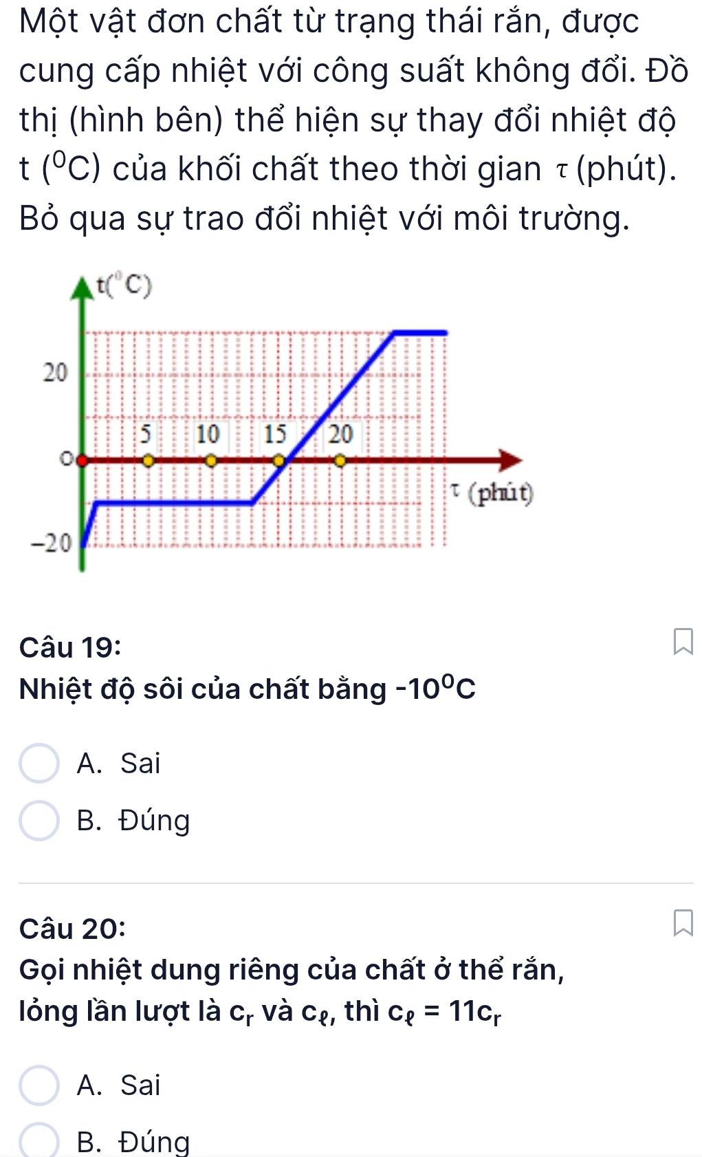 Một vật đơn chất từ trạng thái rắn, được
cung cấp nhiệt với công suất không đổi. Đồ
thị (hình bên) thể hiện sự thay đổi nhiệt độ
t(^circ C) của khối chất theo thời gian τ (phút).
Bỏ qua sự trao đổi nhiệt với môi trường.
Câu 19:
Nhiệt độ sôi của chất bằng -10^0C
A. Sai
B. Đúng
Câu 20:
Gọi nhiệt dung riêng của chất ở thể rắn,
lỏồng lần lượt là c, và Crho , thì c_p=11c_r
A. Sai
B. Đúng