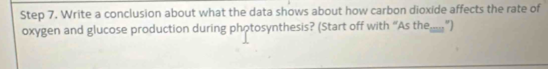 Write a conclusion about what the data shows about how carbon dioxide affects the rate of 
oxygen and glucose production during photosynthesis? (Start off with “As the.....”)