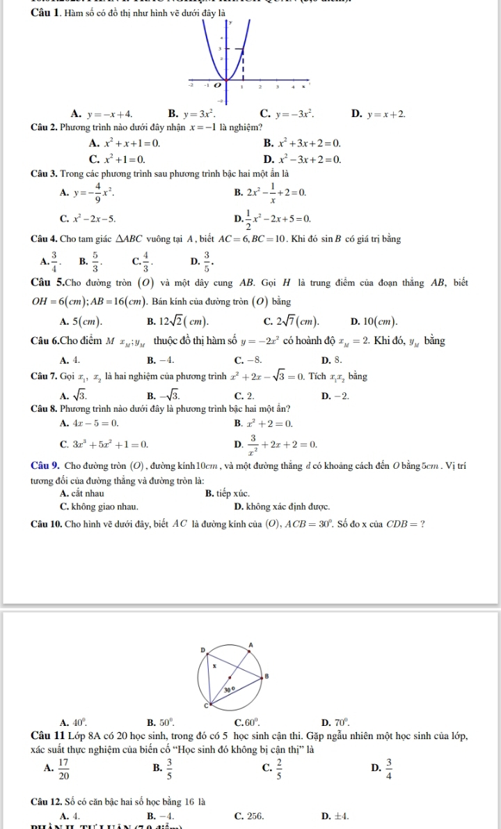 Hàm số có đồ thị như hình vẽ dưới đây là
A. y=-x+4. B. y=3x^2. C. y=-3x^2. D. y=x+2.
Câu 2. Phương trình nào dưới đây nhận x=-1 là nghiệm?
A. x^2+x+1=0. B. x^2+3x+2=0.
C. x^2+1=0. D. x^2-3x+2=0.
Câu 3. Trong các phương trình sau phương trình bậc hai một ẩn là
B.
A. y=- 4/9 x^2. 2x^2- 1/x +2=0.
C. x^2-2x-5. D.  1/2 x^2-2x+5=0.
Câu 4. Cho tam giác △ ABC vuông tại A , biết AC=6,BC=10. Khi đó sin B có giá trị bằng
A.  3/4 . B.  5/3 . C.  4/3 . D.  3/5 .
Câu 5.Cho đường tròn (O) và một dây cung AB. Gọi H là trung điểm của đoạn thắng AB, biết
OH=6(cm);AB=16(cm) 1. Bán kính của đường tròn (O) bằng
A. 5(cm). B. 12sqrt(2)(cm). C. 2sqrt(7)(cm). D. 10(cm).
Câu 6.Cho điểm M x_M:y_M thuộc đồ thị hàm số y=-2x^2 có hoành dhat Qx_M=2. Khi ddot 0,y_M bằng
A. 4. B. −4. C. −8. D. 8.
Câu 7. Gọi x_1,x_2 là hai nghiệm của phương trình x^2+2x-sqrt(3)=0. Tích x_1x_2 bằng
A. sqrt(3). B. -sqrt(3). C. 2. D. -2.
Câu 8. Phương trình nào dưới đây là phương trình bậc hai một ần?
A. 4x-5=0. B. x^2+2=0.
C. 3x^3+5x^2+1=0. D.  3/x^2 +2x+2=0.
Câu 9. Cho đường tròn (O) , đường kính10cm , và một đường thắng d có khoảng cách đến O bằng 5cm . Vị trí
tương đối của đường thắng và đường tròn là:
A. cắt nhau B. tiếp xúc.
C. không giao nhau. D. không xác định được.
Câu 10. Cho hình vẽ dưới đây, biết AC là đường kính của (O), ACB=30°. Số đo x của CDB=?
A. 40°. B. 50°. C. 60°. D. 70°.
Câu 11 Lớp 8A có 20 học sinh, trong đó có 5 học sinh cận thi. Gặp ngẫu nhiên một học sinh của lớp,
xác suất thực nghiệm của biến cố “Học sinh đó không bị cận thị” là
A.  17/20   3/5   2/5   3/4 
B.
C.
D.
Câu 12. Số có căn bậc hai số học bằng 16 là
A. 4. B. −4. C. 256. D. ±4.
.