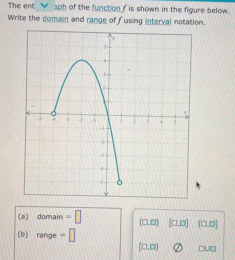 The ent aph of the function f is shown in the figure below. 
Write the domain and range of fusing interval notation. 
(a) domain _7 =□
(□ ,□ ) [□ ,□ ] (□ ,□ ]
(b) range =□
[□ ,□ )
□ U□