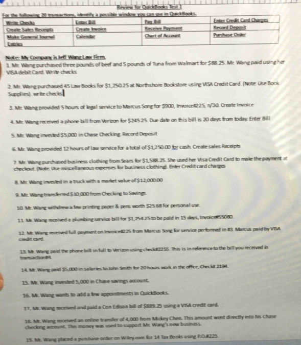 Review for QuickBooks lest 
Note: My Company is Jeff Wang Law Firm.
1. Mr. Wang purchased three pounds of beef and 5 pounds of Tuna from Walmart for $88.25. Mr. Wang paid using her
VISA debit Card. Write checks
2. Mr. Wang purchased 45 Law Books for $1,250.25 at Northshore Bookstore using VISA Credit Card. (Note: Use Book
Supplies). write checks
3. Mr. Wang provided 5 hours of legal service to Marcus Song for $900, Invoice#225, n/30. Create Invoice
4. Mr. Wang received a phone bill from Verizon for $245.25. Due date on this bill is 20 days from today. Enter Bill
5. Mr. Wang invested $5,000 in Chase Checking. Record Deposit
6. Mr. Wang provided 12 hours of law service for a total of $1,250.00 for cash. Create sales Receipts
7. Mr. Wang purchased business clothing from Sears for $1,588.25. She used her Visa Credit Card to make the payment at
checkout, (Note: Use miscellaneous expenses for business clothing). Enter Credit card charges
8. Mr. Wang invested in a truck with a market value of $12,000.00
9. Mr. Wang transferred $ 10,000 from Checking to Savings.
10. Mr. Wang withdrew a few printing paper & pens worth $25.68 for personal use.
11. Mr. Wang received a plumbing service bill for $1,254.25 to be paid in 15 days, Invoice#55080.
12. Mr. Wang received full payment on Invoice#225 from Marcus Song for service performed in #3. Marcus paid by VISA
credit card
13. Mr. Wang paid the phone bill in full to Verizon using check#2255. This is in reference to the bill you received in
trasaction
14. Mr. Wang pald $5,000 in sailaries to John Smith for 20 hours work in the office, Checkd 2194.
15. Mr. Wang invested 5,000 in Chase savings account.
16. Mr. Wang wants to add a few appointments in QuickBooks.
17. Mr. Wang received and paid a Con Edison bill of $889.25 using a VISA credit card.
18. Mr. Wang received an online transfer of 4,000 from Mickey Chen. This amount went directly into his Chase
checking account. This money was used to support Mr. Wang's new business.
19. Mr. Wang placed a purchase order on Wiley.com for 14 Tax Books using P.O.#225.