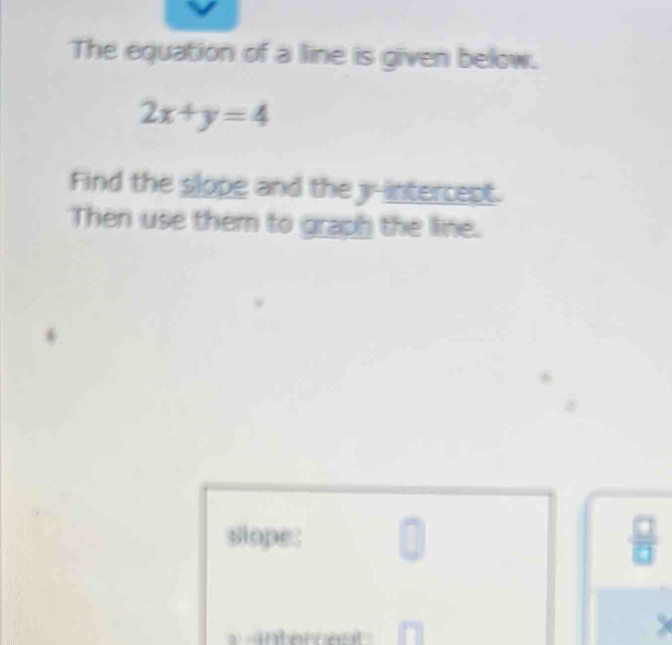 The equation of a line is given below.
2x+y=4
Find the slope and the y-intercept. 
Then use them to graph the line. 
slope:  □ /□  