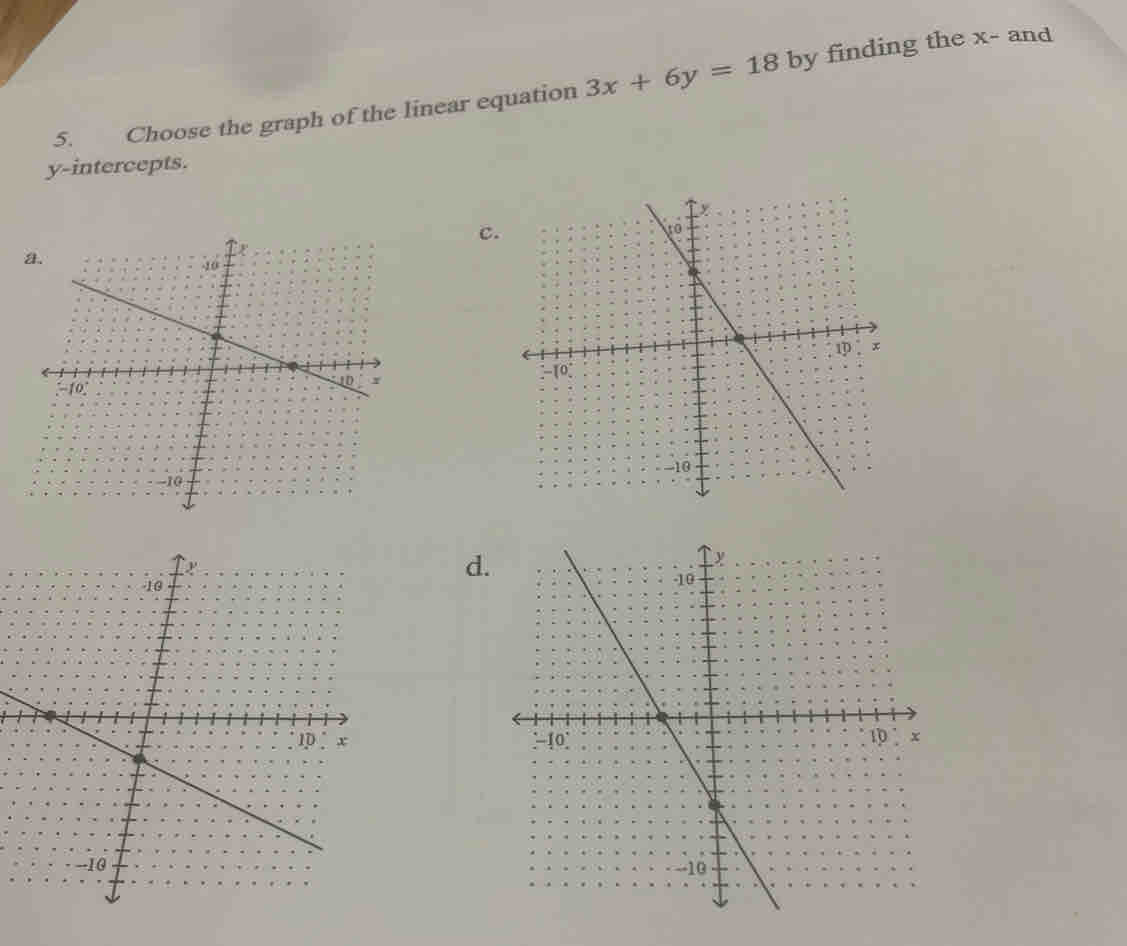 Choose the graph of the linear equation 3x+6y=18 by finding the x - and 
y-intercepts. 
c. 
d.