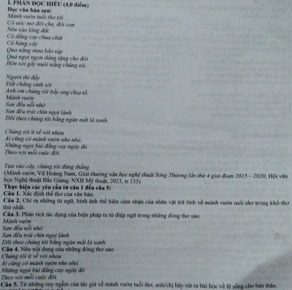 PHẢN ĐQC HIÉU (4,0 điểm)
Đọc văn bản saư:
Mành vườn tuổi tha tối
Có ước mơ đời cha, đời con
Nên vào lòng đất
Có đẳng cay chua chát
Có hàng cây
Qua nắng mưa bão tập
Quá ngọt ngọn đâng tặng cho đời
Hôn sôi gầy nuôi nắng chứng tôi,
Người thì đầy
Đất chắng sinh sôi
Anh em chủng tôi bấy ong chia tổ,
Mánh vướn
San đều nổi nhớ
San đều trái chín ngọt lành
Dồi theo chứng tối bằng ngàn mắt lá xanh.
Chứng tôi ít về với nhau
Ai cũng có mành vườn nho nhỏ,
Những ngọt bùi đẳng cay ngày đó
Theo với mỗi cuộc đời.
Tựa vào cây, chứng tôi đứng thắng.
(Mảnh vườn, Vũ Hoàng Nam, Giải thưởng văn học nghệ thuật Sông Thương lần thứ 4 giai đoạn 2015-2020 H6
học Nghệ thuật Bắc Giang, NXB Mỹ thuật, 2023, tr.133) i vān
Thực hiện các yêu cầu từ câu 1 đến câu 5:
Câu 1. Xác định thể thơ của văn bản.
Câu 2. Chỉ ra những từ ngữ, hình ảnh thể hiện cảm nhận của nhân vật trữ tình về mành vườn tuổi thơ trong khổ thơ
thứ nhất.
Câu 3. Phân tích tác dụng của biện pháp tu từ điệp ngữ trong những dòng thơ sau:
Mảnh vườn
San đều nỗi nhớ
San đều trái chín ngọt lành
Dõi theo chứng tôi bằng ngàn mắt là xanh.
Câu 4. Nêu nội dung của những dồng thơ sau:
Chứng tôi ít về với nhau
Ai cũng có mánh vườn nho nhỏ.
Những ngọt bùi đẳng cay ngày đô
Theo với mỗi cuộc đời.
Câu 5. Từ những suy ngẫm của tác giả về mảnh vườn tuổi thơ, anh/chị hãy rút ra bài học về lẽ sống cho bản thân.