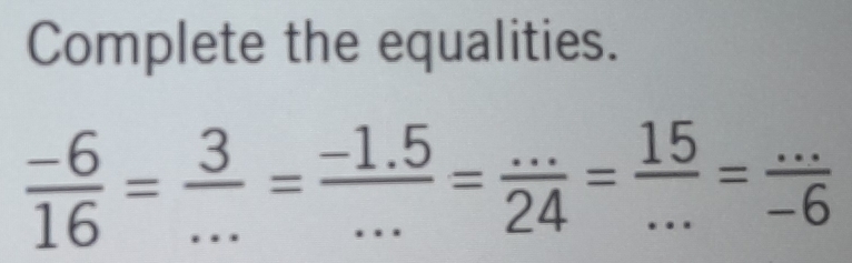 Complete the equalities.
 (-6)/16 = 3/... = (-1.5)/... = (...)/24 = 15/... = (...)/-6 