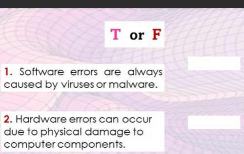 or F 
1. Software errors are always 
caused by viruses or malware. 
2. Hardware errors can occur 
due to physical damage to 
computer components.