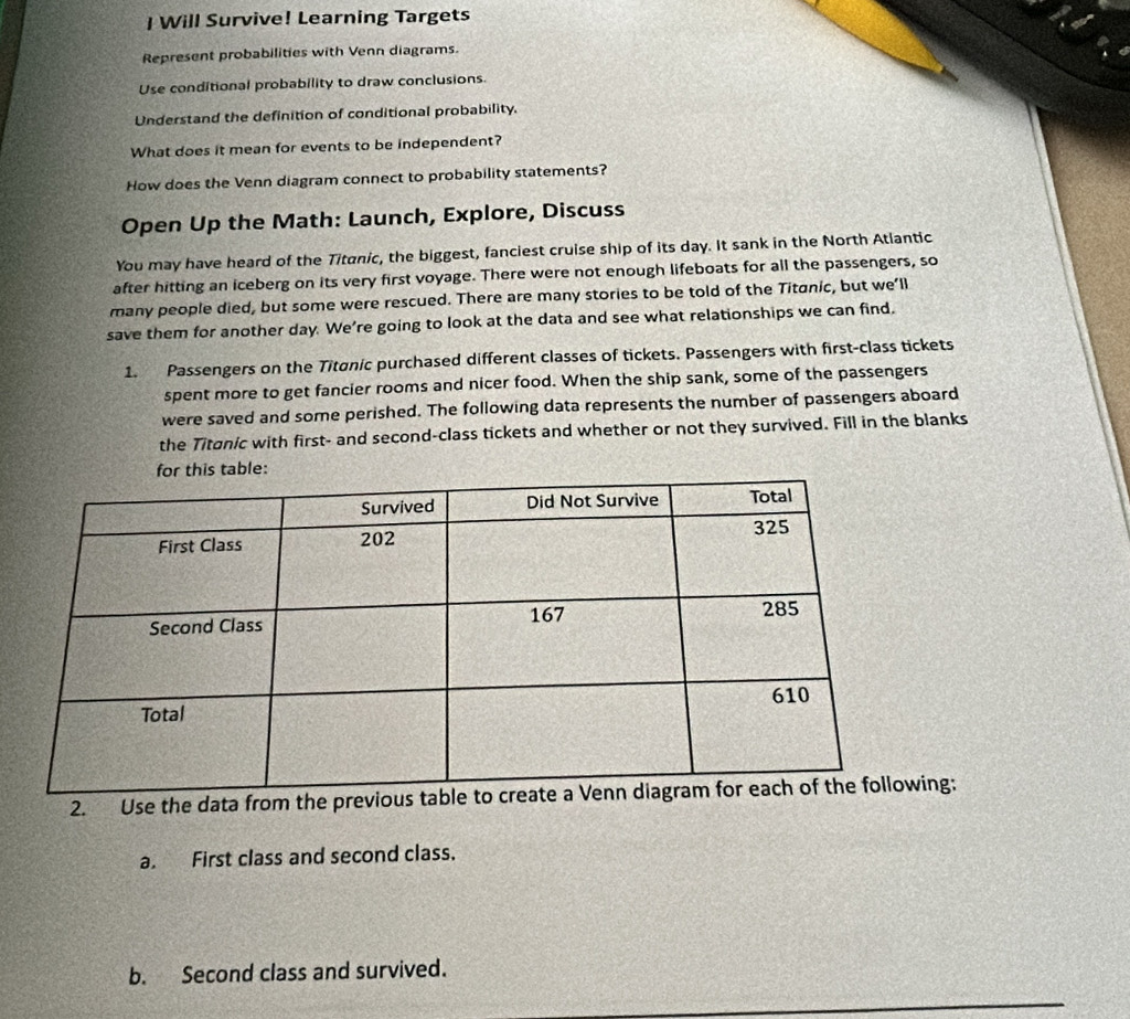 Will Survive! Learning Targets 
Represent probabilities with Venn diagrams. 
Use conditional probability to draw conclusions. 
Understand the definition of conditional probability. 
What does it mean for events to be independent? 
How does the Venn diagram connect to probability statements? 
Open Up the Math: Launch, Explore, Discuss 
You may have heard of the Titanic, the biggest, fanciest cruise ship of its day. It sank in the North Atlantic 
after hitting an iceberg on its very first voyage. There were not enough lifeboats for all the passengers, so 
many people died, but some were rescued. There are many stories to be told of the Titanic, but we’ll 
save them for another day. We're going to look at the data and see what relationships we can find. 
1. Passengers on the Titanic purchased different classes of tickets. Passengers with first-class tickets 
spent more to get fancier rooms and nicer food. When the ship sank, some of the passengers 
were saved and some perished. The following data represents the number of passengers aboard 
the Titanic with first- and second-class tickets and whether or not they survived. Fill in the blanks 
2. Use the data from the preving: 
a. First class and second class. 
b. Second class and survived.