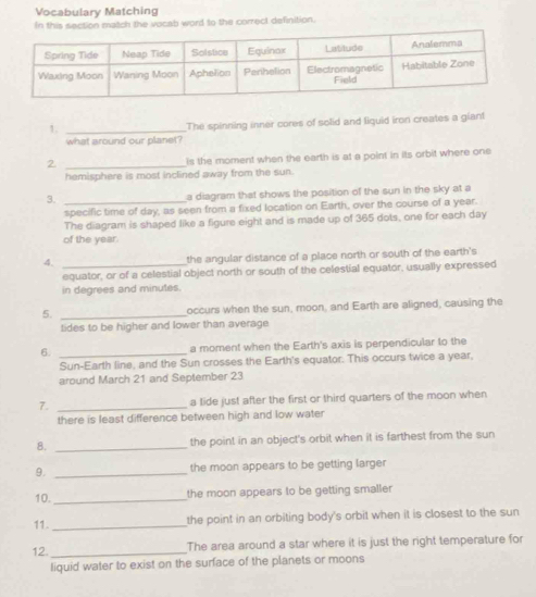 Vocabulary Matching 
In this section match the vocab word to the correct definition. 
1._ 
The spinning inner cores of solid and liquid iron creates a giant 
what around our planet? 
2. _is the moment when the earth is at a point in its orbit where one 
hemisphere is most inclined away from the sun. 
3. _a diagram that shows the position of the sun in the sky at a 
specific time of day, as seen from a fixed location on Earth, over the course of a year. 
The diagram is shaped like a figure eight and is made up of 365 dots, one for each day
of the year. 
4. _the angular distance of a place north or south of the earth's 
equator, or of a celestial object north or south of the celestial equator, usually expressed 
in degrees and minutes. 
5. _occurs when the sun, moon, and Earth are aligned, causing the 
tides to be higher and lower than average 
6. _a moment when the Earth's axis is perpendicular to the 
Sun-Earth line, and the Sun crosses the Earth's equator. This occurs twice a year, 
around March 21 and September 23
7. _a tide just after the first or third quarters of the moon when 
there is least difference between high and low water 
8. _the point in an object's orbit when it is farthest from the sun 
9. _the moon appears to be getting larger 
10. _the moon appears to be getting smaller 
11. _the point in an orbiting body's orbit when it is closest to the sun 
12._ The area around a star where it is just the right temperature for 
liquid water to exist on the surface of the planets or moons