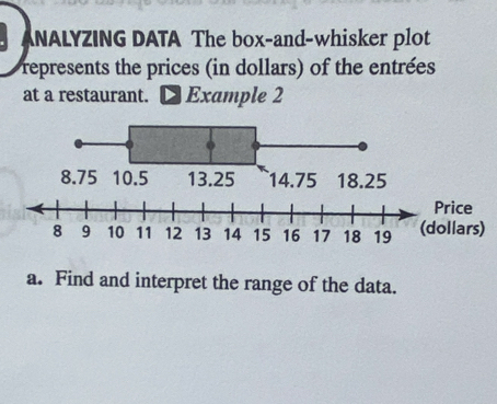 ANALYZING DATA The box-and-whisker plot 
represents the prices (in dollars) of the entrées 
at a restaurant. . Example 2 
a. Find and interpret the range of the data.