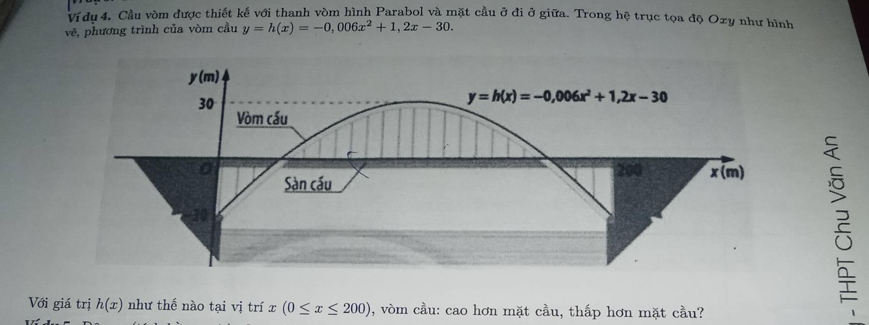 Ví dụ 4. Cầu vòm được thiết kế với thanh vòm hình Parabol và mặt cầu ở đi ở giữa. Trong hệ trục tọa độ Oxy như hình 
vẽ, phương trình của vòm cầu y=h(x)=-0,006x^2+1, 2x-30.
y(m)
30
y=h(x)=-0,006x^2+1, 2x-30
Vòm cấu
x(m)
Sàn cầu 
30 
Với giá trị h(x) như thế nào tại vị trí x(0≤ x≤ 200) , vòm cầu: cao hơn mặt cầu, thấp hơn mặt cầu?