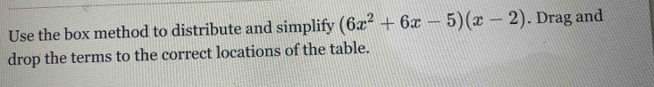 Use the box method to distribute and simplify (6x^2+6x-5)(x-2). Drag and 
drop the terms to the correct locations of the table.