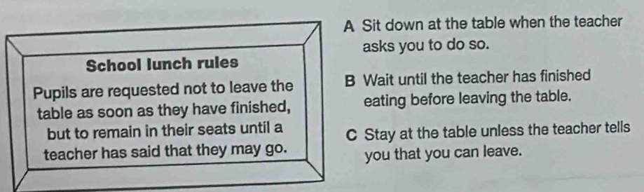 A Sit down at the table when the teacher 
asks you to do so. 
School lunch rules 
Pupils are requested not to leave the B Wait until the teacher has finished 
table as soon as they have finished, eating before leaving the table. 
but to remain in their seats until a C Stay at the table unless the teacher tells 
teacher has said that they may go. 
you that you can leave.