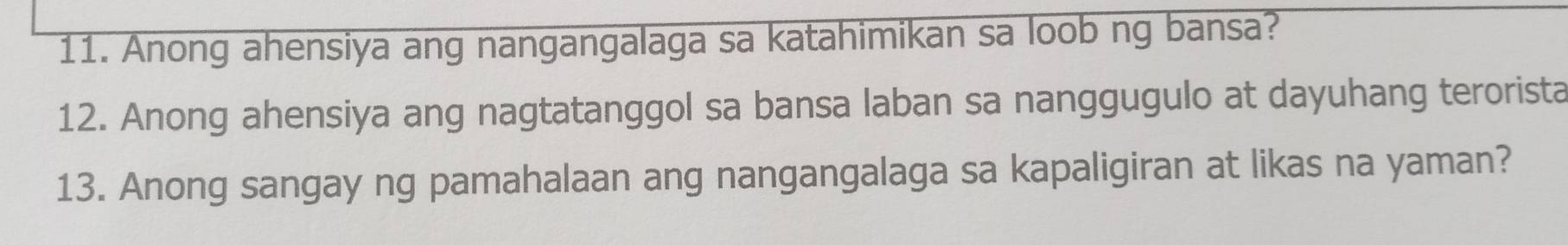 Anong ahensiya ang nangangalaga sa katahimikan sa loob ng bansa? 
12. Anong ahensiya ang nagtatanggol sa bansa laban sa nanggugulo at dayuhang terorista 
13. Anong sangay ng pamahalaan ang nangangalaga sa kapaligiran at likas na yaman?