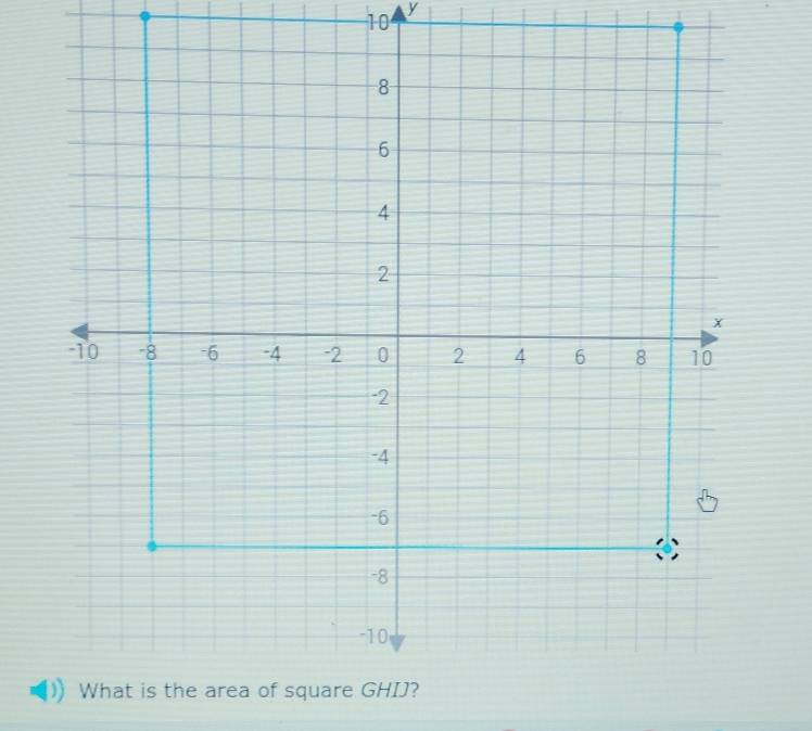 10 y
8
6
4
2
x
10 -8 -6 -4 -2 0 2 4 6 8 10
-2
-4
-6
-8
-10
What is the area of square GHIJ?