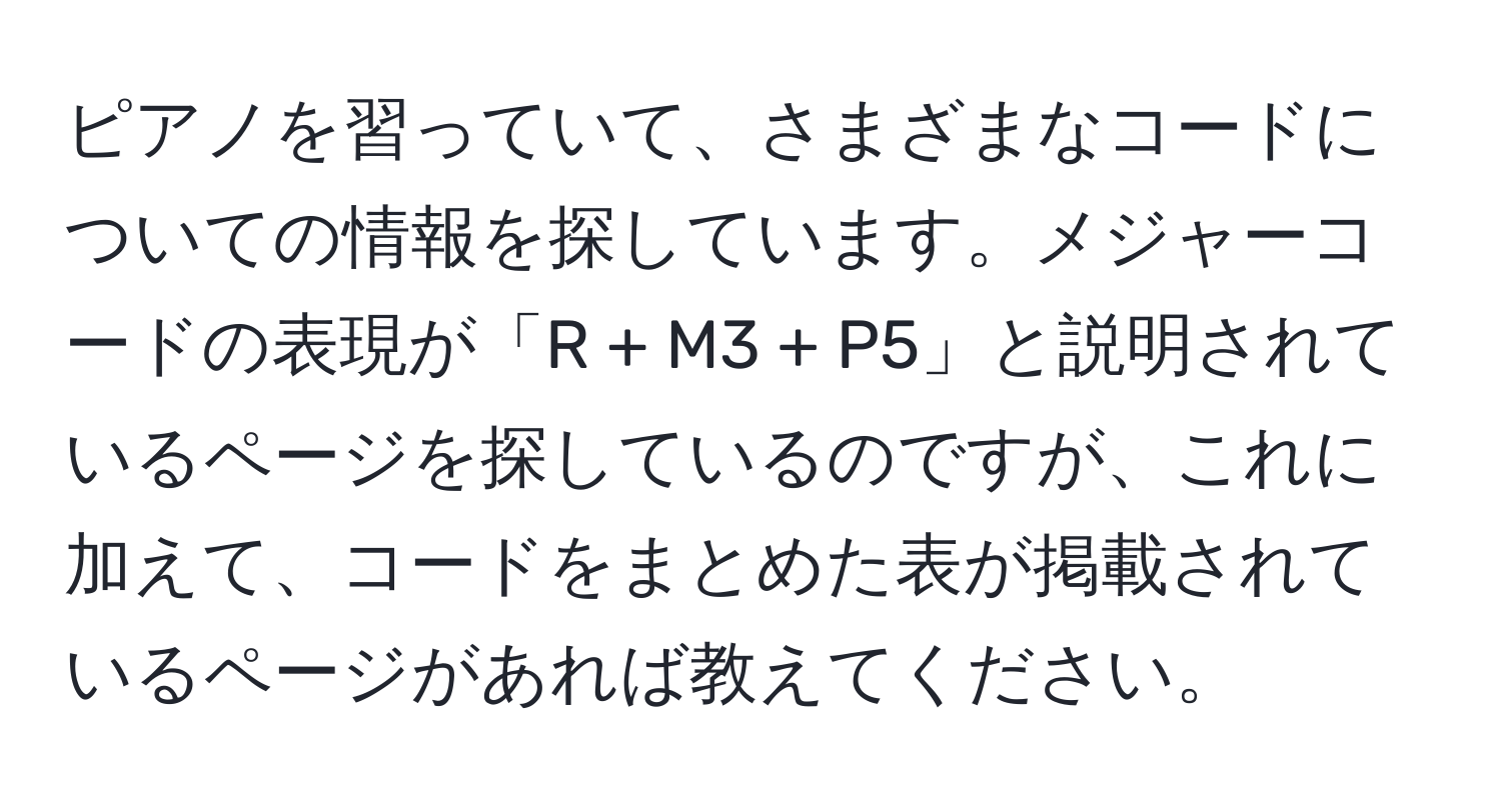 ピアノを習っていて、さまざまなコードについての情報を探しています。メジャーコードの表現が「R + M3 + P5」と説明されているページを探しているのですが、これに加えて、コードをまとめた表が掲載されているページがあれば教えてください。