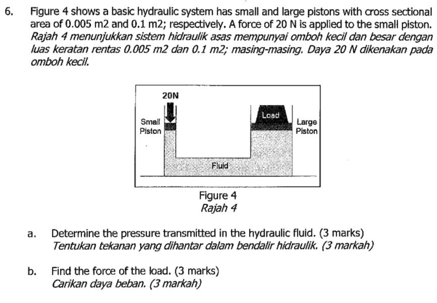 Figure 4 shows a basic hydraulic system has small and large pistons with cross sectional 
area of 0.005 m2 and 0.1 m2; respectively. A force of 20 N is applied to the small piston. 
Rajah 4 menunjukkan sistem hidraulik asas mempunyai omboh kecil dan besar dengan 
luas keratan rentas 0.005 m2 dan 0.1 m2; masing-masing. Daya 20 N dikenakan pada 
omboh kecil. 
a. Determine the pressure transmitted in the hydraulic fluid. (3 marks) 
Tentukan tekanan yang dihantar dalam bendalir hidraulik. (3 markah) 
b. Find the force of the load. (3 marks) 
Carikan daya beban. (3 markah)