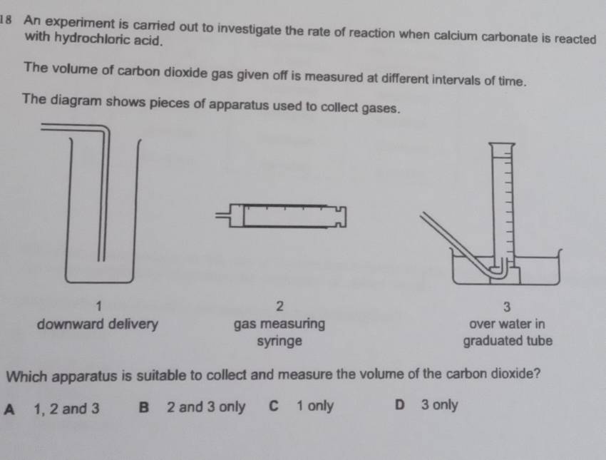 An experiment is carried out to investigate the rate of reaction when calcium carbonate is reacted
with hydrochloric acid.
The volume of carbon dioxide gas given off is measured at different intervals of time.
The diagram shows pieces of apparatus used to collect gases.
1
2
downward delivery gas measuring over water in
syringe graduated tube
Which apparatus is suitable to collect and measure the volume of the carbon dioxide?
A 1, 2 and 3 B 2 and 3 only C 1 only D 3 only