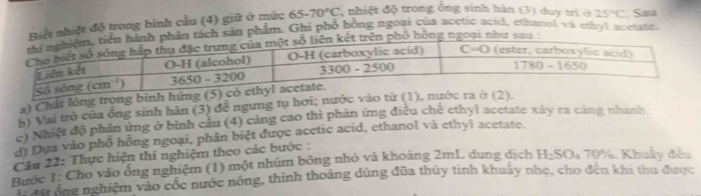 ết nhiệt độ trong bình cầu (4) giữ ở mức 65-70°C , nhiệt độ trong ống sinh hàn (3) duy trì ở 25°C Sau
h sản phẩm. Ghi phố hồng ngoại của acetic acid, ethanol và ethyl acetate.
a) Chất lỏng trọng binh hứng (5) c
b) Vai trò của ống sinh hàn (3) đề ngưng tụ hơi; nước vào từ (1), nước ra ở (2).
c) Nhiệt độ phân ứng ở bình cầu (4) cảng cao thì phản ứng điều chế ethyl acetate xây ra cảng nhanh
d) Dựa vào phổ hồng ngoại, phân biệt được acetic acid, ethanol và ethyl acetate.
Câu 22: Thực hiện thí nghiệm theo các bước :
Bước 1: Cho vào ống nghiệm (1) một nhúm bông nhỏ và khoảng 2mL dung dịch H_2SO_4 70%. Khuây đều
T lu ảng nghiệm vào cốc nước nóng, thính thoáng dùng đũa thủy tinh khuẩy nhẹ, cho đến khi thu được