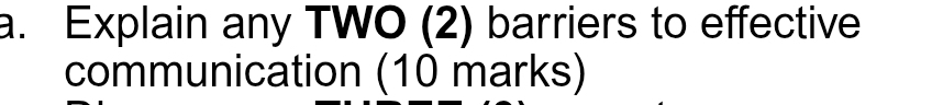 Explain any TWO (2) barriers to effective 
communication (10 marks)